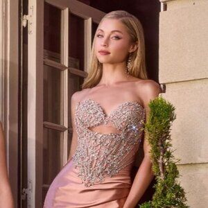 New Strapless Prom Soft Satin Rose Gold Dress w/ Draped Sweep Train & CD KV1135